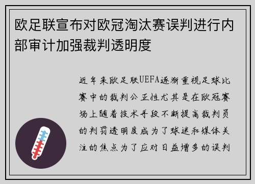 欧足联宣布对欧冠淘汰赛误判进行内部审计加强裁判透明度 欧足联宣布对欧冠淘汰赛误判进行内部审计加强裁判透明度