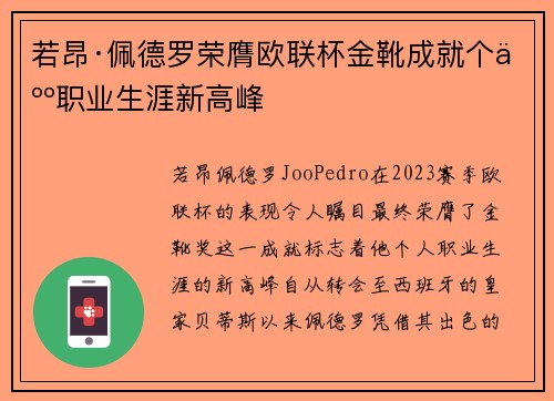 若昂·佩德罗荣膺欧联杯金靴成就个人职业生涯新高峰
